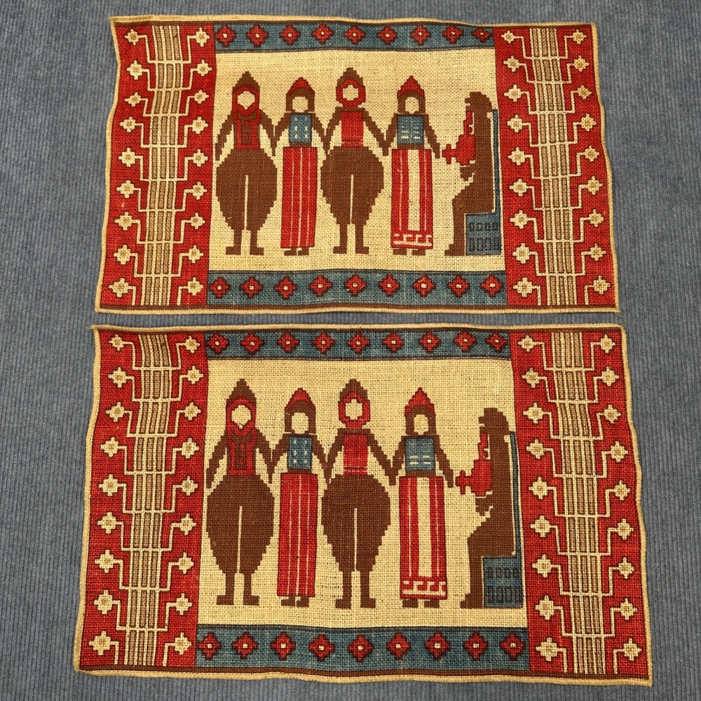 Vintage Runni Tekstiltrykk Norway Burlap Folk Art Placemats Pair‎ Red Blue Jute